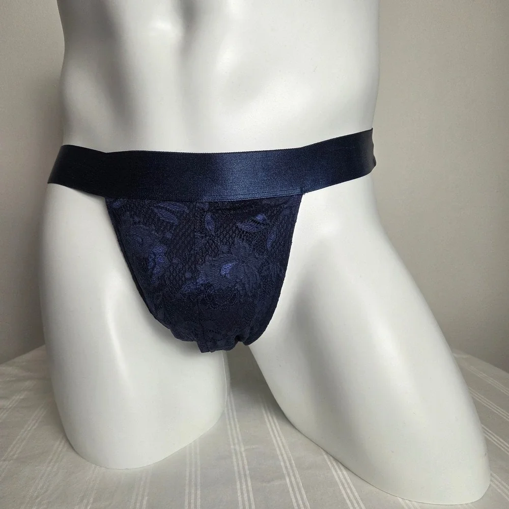 Cosabella Navy Blue Floral Lace Jockstrap Mens Satin Waistband Sheer Underwear